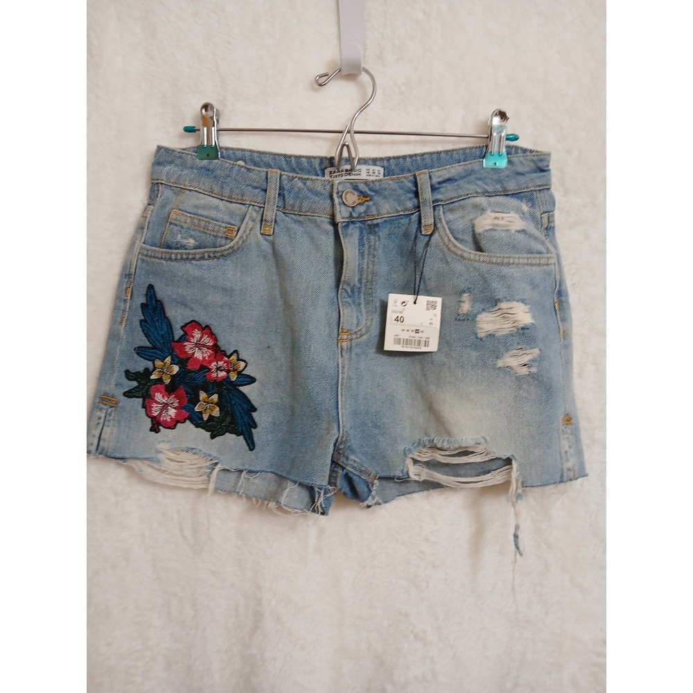 NWT Zara Women's Denim Torn Shorty Shorts Floral Patches Size 40